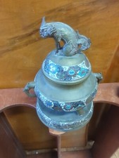 Antique Japanese Bronze & Champlevé Enamel Hexagonal Koro (Incense Burner) with Foo Dog Finial — listing 3