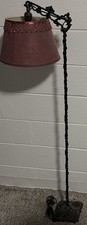 Antique Cast Metal Bridge Arm Floor Lamp with Victorian Fringed Silk Shade, 5 ft Tall