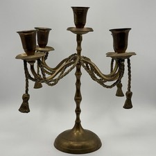 Vintage Brass Five-Light Candelabra with Twisted Rope Arms and Tripod Base
