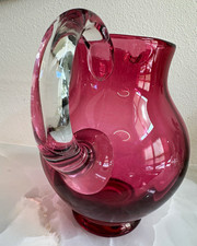 Victorian Cranberry Glass Ruffled-Rim Water Pitcher with Hand-Painted Enamel Floral Decoration
