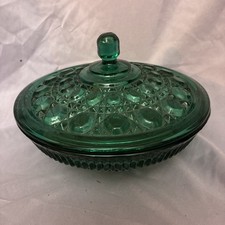 Vintage Green Optic Melon-Ribbed Glass Covered Jar with Silver-Tone Metal Base and Rim — listing 3