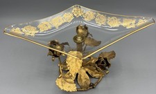 Vintage Clear Glass Flared Trumpet Vase with Gold Gilt Grape Leaf Decoration and Gold Bands