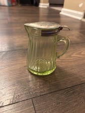 Vintage Uranium Green Depression Glass Syrup Pitcher with Hinged Metal Lid, 4.5 inches — listing 4