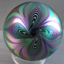 Hand-Blown Art Glass Vase with Blue & White Pulled Feather / Peacock Design and Iridescent Gold Interior — listing 4