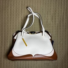 Two-Tone Cream & Black Leather Frame Kiss-Lock Satchel Handbag — listing 4