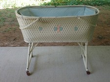 Vintage Wicker Baby Bassinet on Folding Rocker Stand with Mattress — listing 6