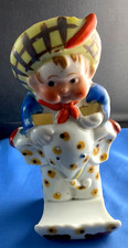 Vintage Japan Bisque Figural Toothbrush Holder - Blonde Boy in Blue Overalls on Bench with Dog — listing 2
