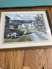 Framed Watercolor-Style Print of Waterfront Mansion with Sailboat