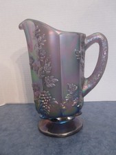 Iridescent Green Carnival Glass Tall Pitcher with Floral Relief — listing 2
