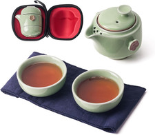 Chinese Kung Fu Travel Tea Set with Green Reactive Glaze - Teapot, Gourd Caddy, 4 Cups, Bamboo Tray & Carry Case — listing 2