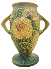 Roseville Pottery Peony Pattern Two-Handled Bugle Vase in Golden Tan — listing 5