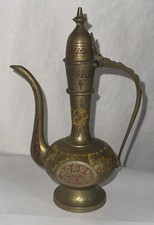 Indian brass ewer Vintage Indian Etched Brass Aftaba Ewer Pitcher with Hinged Lid — listing 2