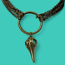 Handcrafted Brass Wire Collar Necklace with Carved Bone Skull and Horn Ring Pendant — listing 2