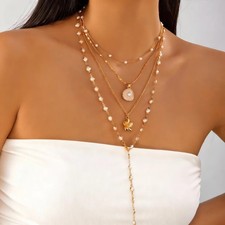 Vintage Faux Pearl & Gold Bead Woven Cross Pendant Necklace — listing 6