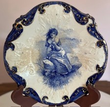 Estate Lot: Flow Blue Portrait Pitcher, Green Leaf Dish, Violet Rose Bowl & Norman Rockwell Porcelain Tankard