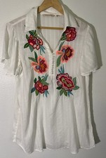 Soft Surroundings Cream Floral Embroidered Peasant Blouse, Size Medium — listing 4