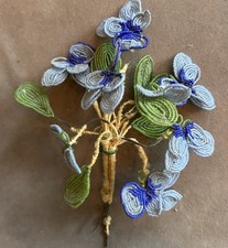 Antique French Beaded Flower Posie - 6 White Glass Seed Bead Daisies with 4 Green Leaves, 1930s