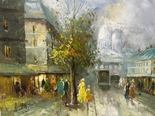 Mid-Century Parisian Street Scene Oil Painting, Bridge & Cityscape at Dusk, Signed Starts with 'N' — listing 4