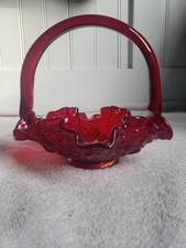 Vintage Ruby Red Glass Pinch-Sided Basket with Applied Clear Twist Handle — listing 4
