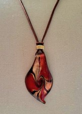 Murano-Style Lampwork Art Glass Teardrop Pendant with Copper Swirl Foil, Organza Ribbon Cord — listing 6