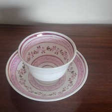 Antique Pink Copper Lustreware Tea Cup and Saucer with Hand-Painted Floral Motif — listing 6