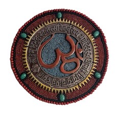 Large Tibetan/Nepalese Repoussé Brass Mandala Wall Plate with Buddha Medallions, Filigree Panels, and Inlaid Stones — listing 5