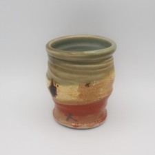 Handmade Wheel-Thrown Studio Pottery Tumbler with Cherry Blossom Stamps and Shino Glaze