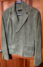 Vintage Green Suede Leather Button-Front Jacket with Rust/Terracotta Contrast Trim