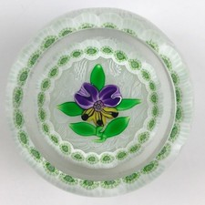 Art Glass Lampwork Floral Orchid Paperweight on Dark Blue/Green Ground — listing 6