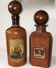 Vintage Italian Hand-Tooled Leather-Wrapped Glass Decanter with Fleur-de-Lis Studded Appliqué — listing 2