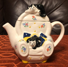 Whimsical Ceramic Black & White Striped Cat Lounging in Floral Armchair Figurine Another name — listing 4