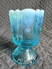 Blue Opalescent Beaded Drape Pattern Footed Toothpick Holder / Miniature Vase with Ring Stem — listing 5