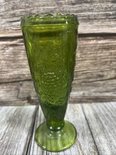 Sascka B Art Glass Cylinder Vase, Green with Embossed Grapevine Motif, 10" Tall — listing 5
