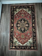 Hand-Knotted Indo-Persian Wool Area Rug with Red Field and Navy Border, All-Over Floral Design