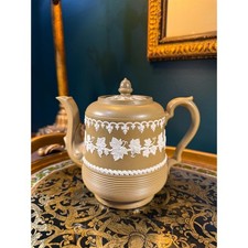 Antique Brown Jasperware Coffee Pot with White Classical Relief Figures and Grapevine Border — listing 2