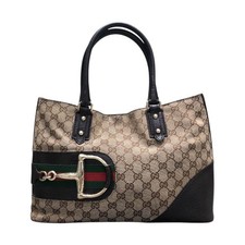 Canvas and Leather Tote Handbag with Horsebit / Bamboo Print, Maker Unmarked