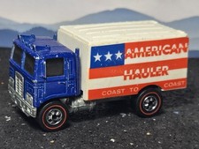 Hot Wheels American Hauler Box Truck, Blue Cab / White "Coast to Coast" Box Red stripe