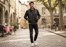 Vintage Black Leather Motorcycle Biker Jacket with Asymmetrical Zip and Belted Waist — listing 5