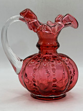 Vintage Cranberry Glass Ruffled-Top Melon Pitcher/Creamer with Applied Clear Handle — listing 6