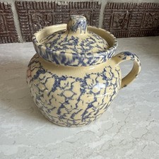 Blue Spongeware Stoneware Covered Bean Pot with Two Handles and Matching Tumblers — listing 4
