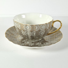 Fine China Floral Teacup with Gold Trim and Scalloped Rim