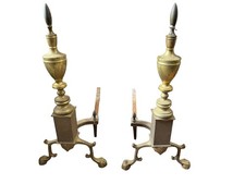 Antique Brass Andirons Pair, Federal Style with Lemon-Top Ball & Steeple Finials, Cabriole Legs and Slipper Feet — listing 2