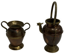 miniature brass Vintage Miniature Copper and Brass Pitcher / Creamer with Banded Trim