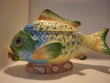 Figural Fish Soup Tureen, Majolica-Style Ceramic, Salmon/Rose Glaze — listing 5