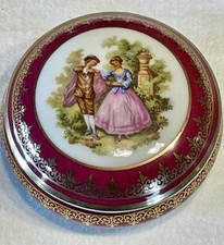 Antique Porcelain Lidded Dresser Box with Fragonard Courting Couple Transfer, Brass Mount & Mirror — listing 5