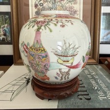 Chinese Famille Rose Porcelain Ginger Jar with Figural Boys and Dragon Procession, on Wood Stand — listing 2
