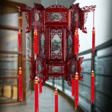 Chinese Palace Lantern with Carved Wood Frame, Dragon Motifs, Painted Glass Panels, Jade-Look Beads and Silk Tassels — listing 3