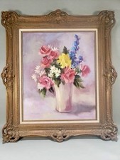 Vintage Floral Still Life Oil Painting, Bouquet in Blue Vase, Signed, Giltwood Frame, listing 2