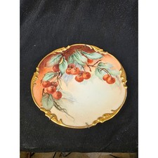 Hand-Painted Porcelain Cherry-Motif Pitcher with Gilt Scalloped Rim
