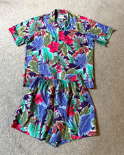 Vintage Hawaiian Print 2-Piece Set — Navy & Tan Floral Open Blouse and Elastic-Waist Pants — listing 3